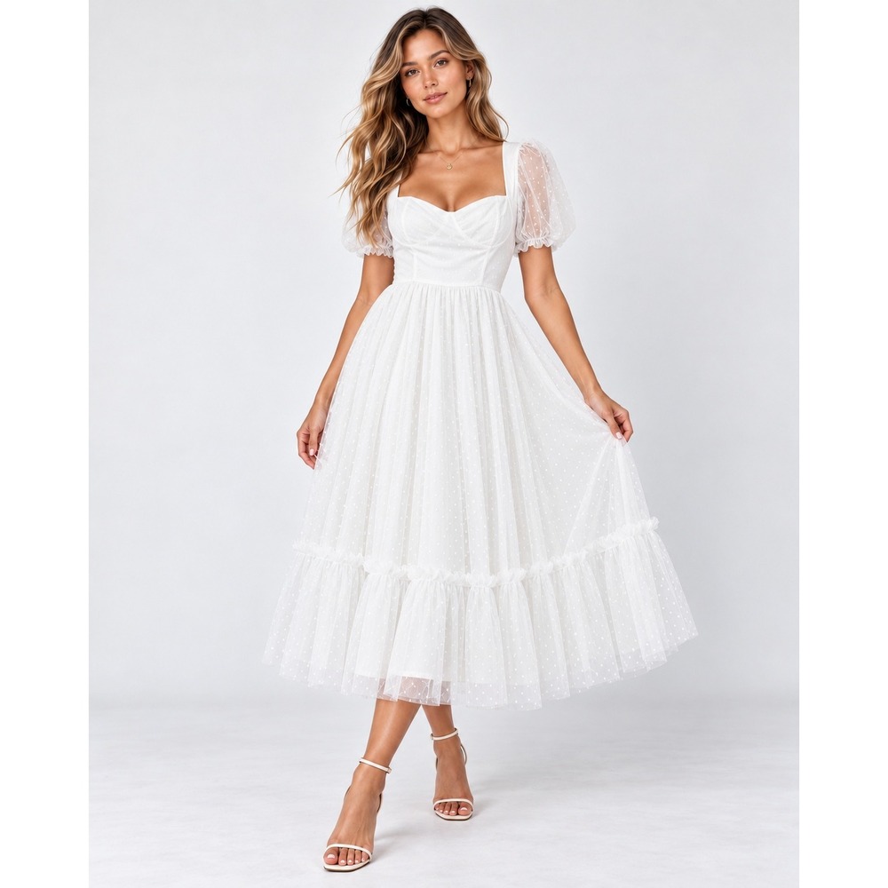 Lulus White Tulle Puff Sleeve Midi Dress Sweetheart Neckline Swiss Dot Size M